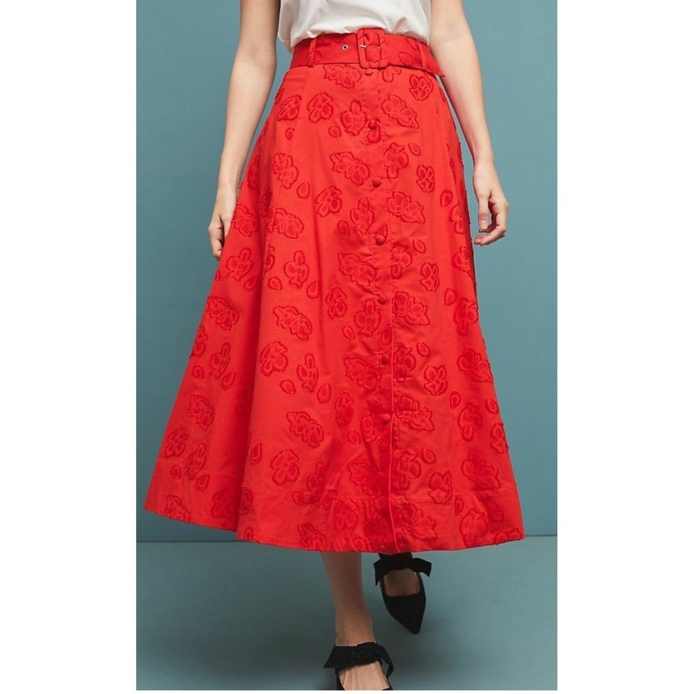 New Maeve Anthropologie Sandra Floral Midi A-Line‎ 3D Skirt Red Women's Size 2